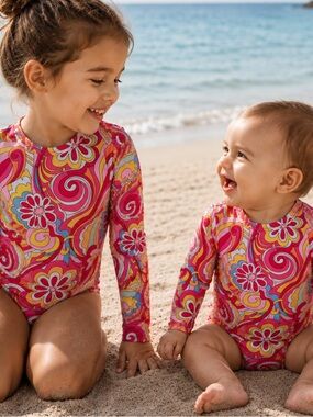 NWT Girl Baby Sleeve One Piece Swimsuit in Pink Floral Size 2T, 3-4T, 5-6, 8-9